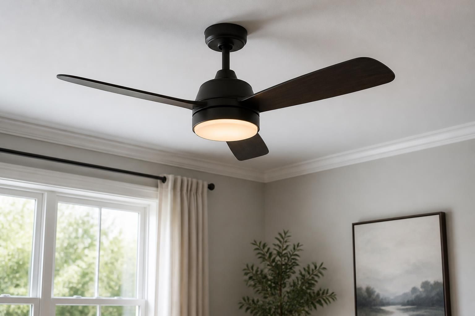 Updated ceiling fan and light fixture in a bright room.