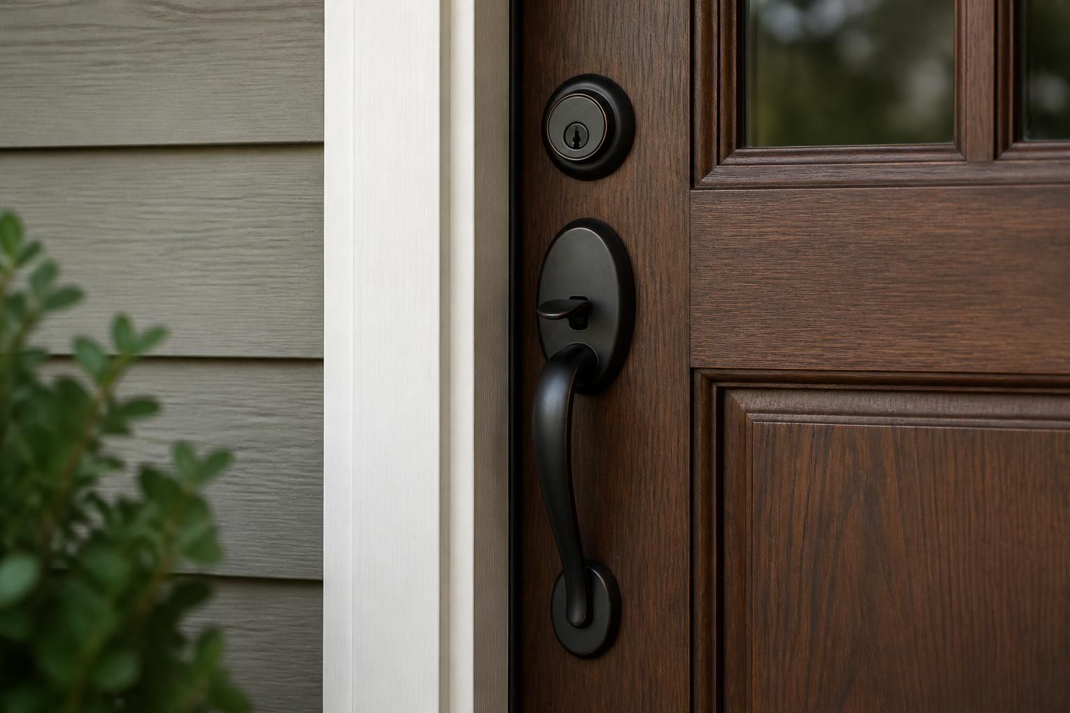Repaired residential door with updated lock hardware.