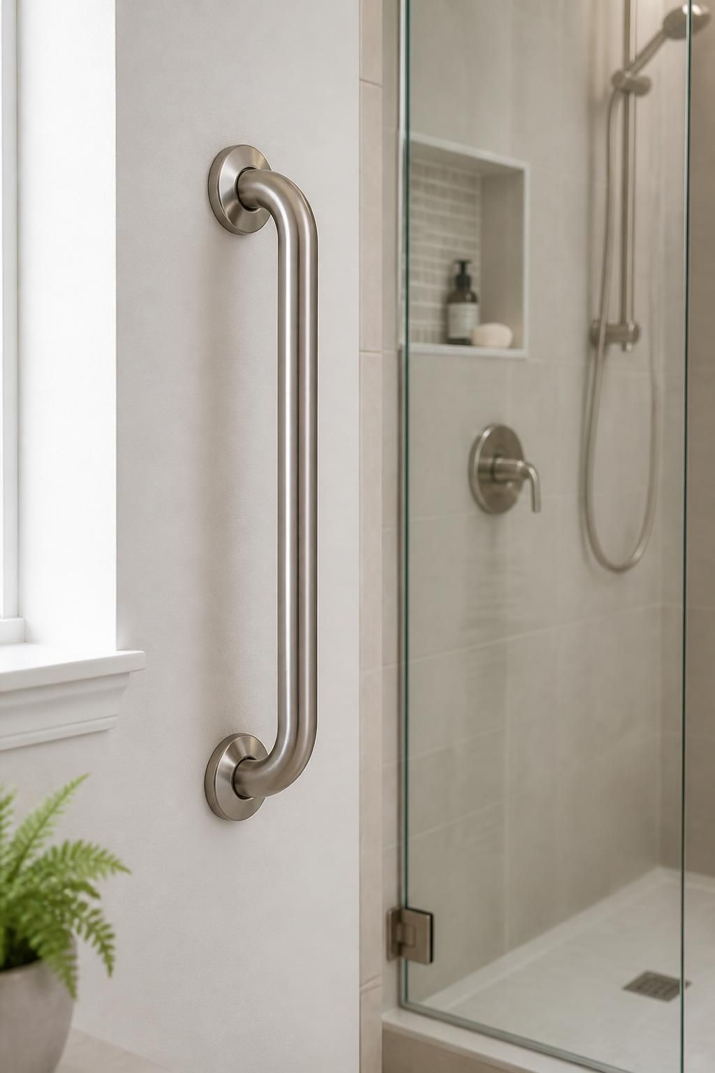 Finished grab bar installation beside a clean modern shower.