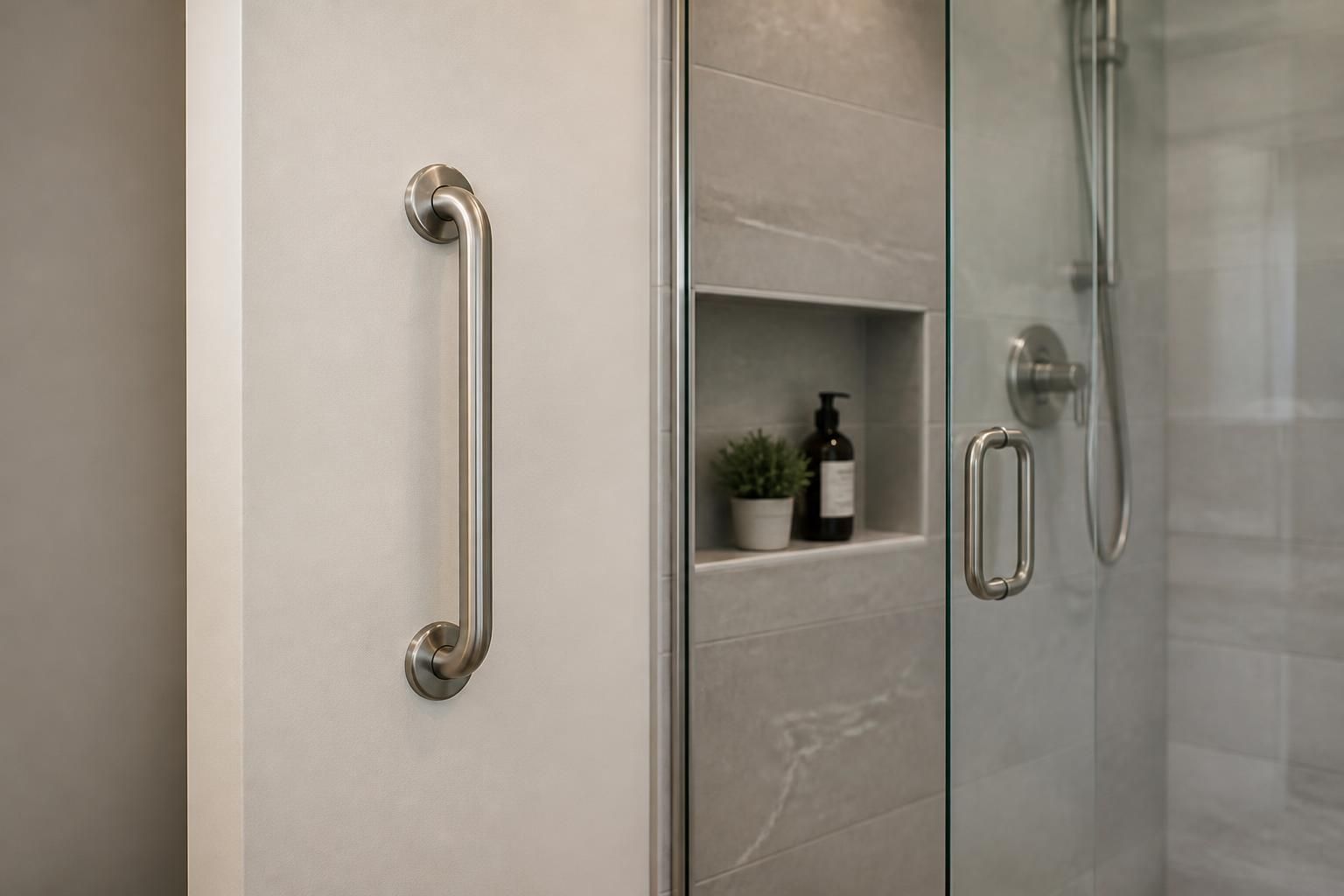 Finished grab bar installation beside a modern walk-in shower.