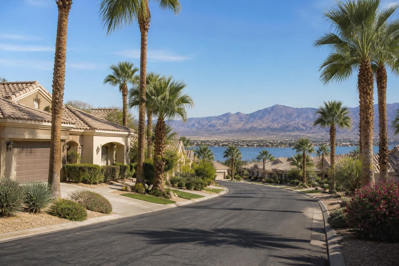 Welcoming neighborhood with well-kept homes and palm trees.