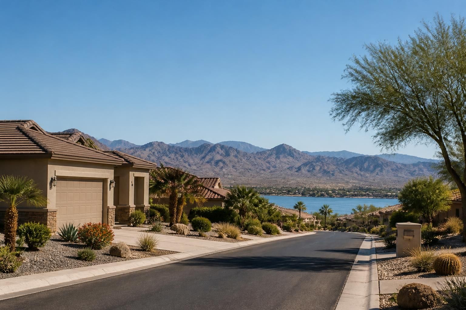 Quiet neighborhood with tidy homes and open desert sky.