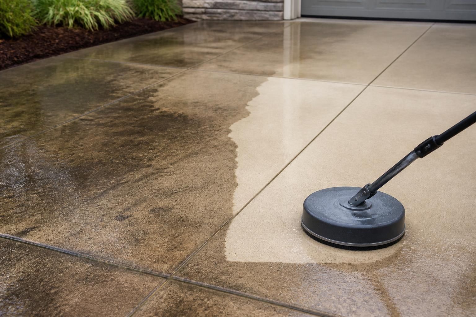Freshly pressure-washed driveway or patio with clean surfaces.