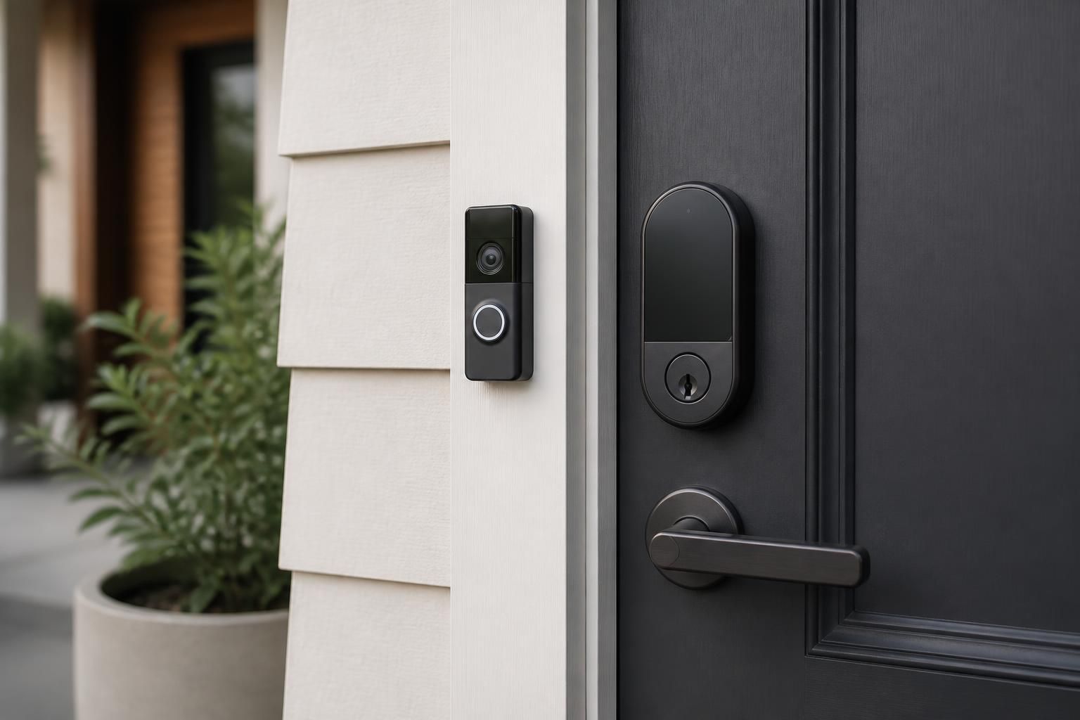 Modern smart lock and doorbell on a clean front door.