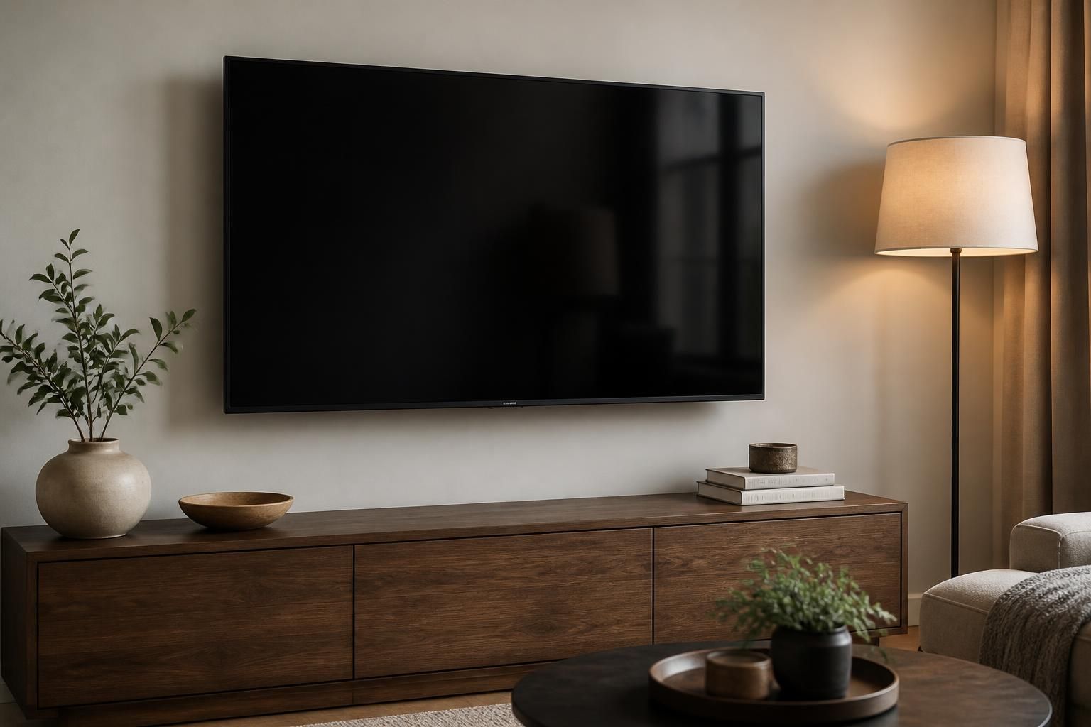Wall-mounted television above a neatly arranged living room console.