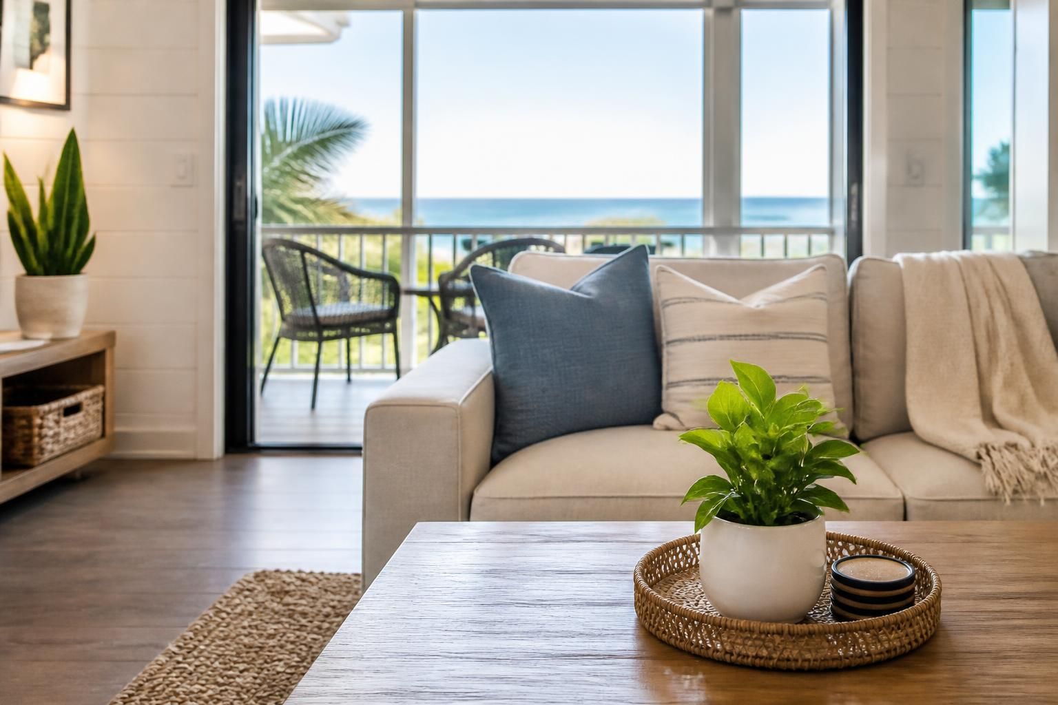 Guest-ready vacation rental living area with tidy, fresh interiors.